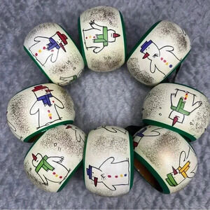 Set of 8 VTG Painted Wooden Snowman Christmas Holiday Napkin Rings Gold Shimmer